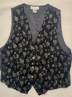 Vintage Impressions Black Velvet Vest with Gold Floral Embroidery Accents